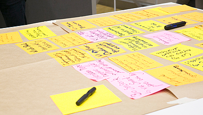 Beschriftete Klebezettel auf einem Tisch